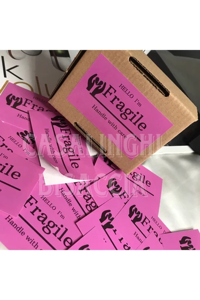 Fragile Handle With Care Dikkat Kırılır Ingilizce Pembe Etiket 8,1x5 Cm - (20 ADET) ürün görseli 1