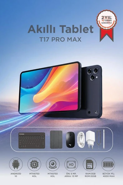 Android Tablet Kalem Klavye Mouse Full Set SIM Kartlı BTK Kayıtlı 10.1 İnç T17 Pro Max Koyu Mavi ürün görseli 1