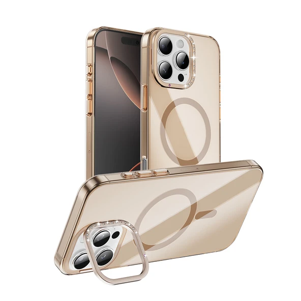 iPhone 16 Pro Kılıf Magsafe Şarj Özellikli Kamera Taşlı Standlı Şeffaf Sararmaz Rhinestone Transparent Kapak ürün görseli 1