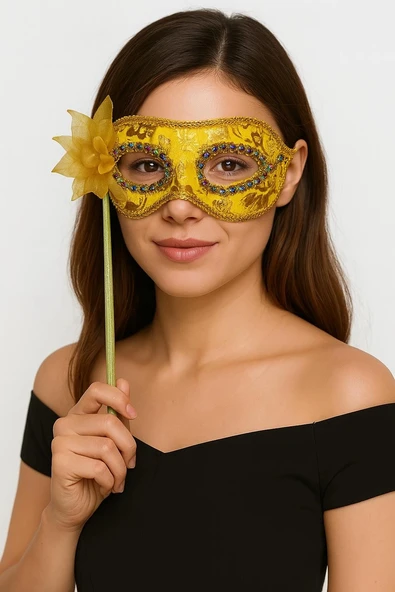 Lüks Taşlı Saplı Maskeli Balo Maskesi Altın Renk 35 Cm P79526S3997 ürün görseli 1