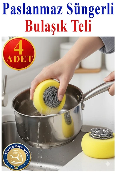 Süngerli Bulaşık Teli Ovma Teli 4 Adet Pratik Sünger Toptel Sürtme Teli Lavabo Mutfak Banyo Temizlik Teli Sert Yüzey ürün görseli 1