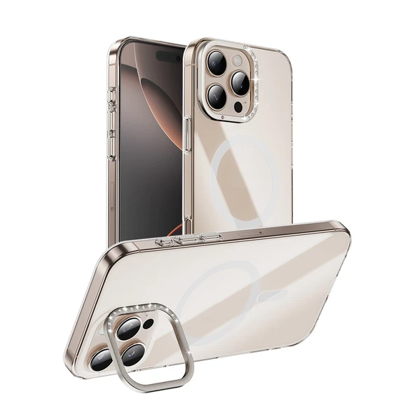 iPhone 16 Pro Max Kılıf Magsafe Şarj Özellikli Kamera Taşlı Standlı Şeffaf Sararmaz Rhinestone Transparent Kapak ürün görseli 1