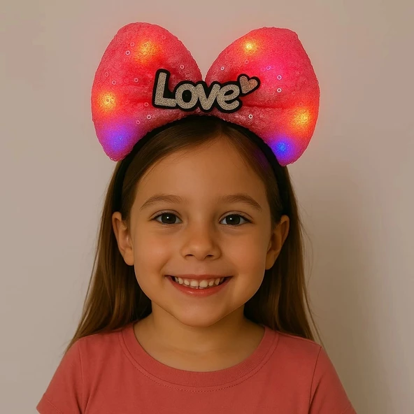 Led Işıklı Love Yazılı Fuşya Fiyonk Taç – Kız Çocuk Parti Tacı P80045S6406 ürün görseli 1