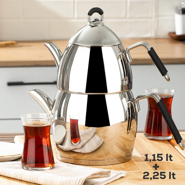 Özlife 1021 4 Parça Aile Boy Silikon Saplı Çelik Çaydanlık Takımı ürün görseli 1