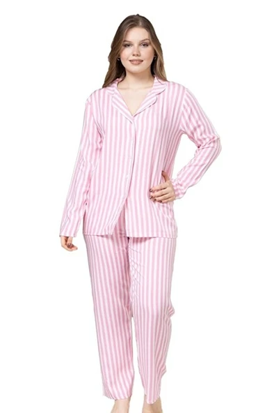 LUNARIA Tasarım Boydan Düğmeli Uzun Kollu Kadın Pijama Takımı Rahat Kalıp S/3XL ürün görseli 1