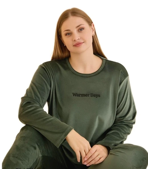 Plus Kadife Kumaş Büyük Beden Kadın Pijama Takımı Manşetli Paça Yumuşak Sıcak Tutan Şık Tasarım 3XL/5XL ürün görseli 1