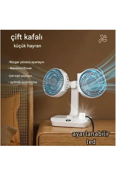 Masaüstü Dijital Ekranlı Çift Fanlı Led Işıklı Soğutucu Fan Ev Ofis Şarjlı Vantilatör P83455S5744 ürün görseli 1