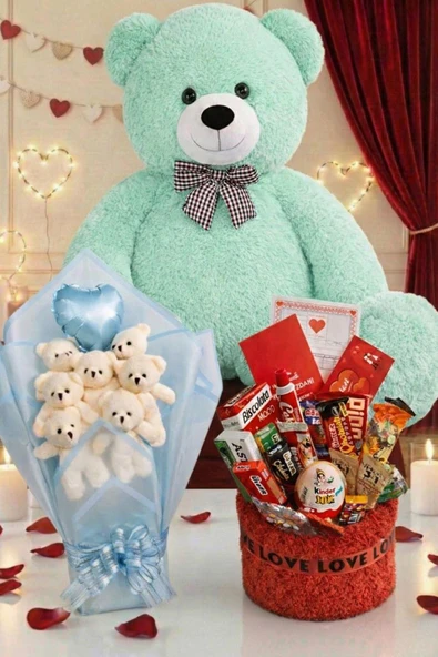 3’lü Sevgililer Günü Hediye Seti | 90 Cm Peluş Ayı, Love Çikolata Sepeti & Mavi Peluş Ayıcık Buketi ürün görseli 1
