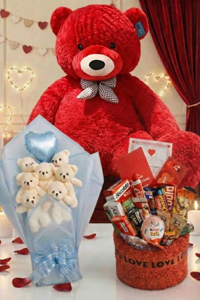 3’lü Sevgililer Günü Hediye Seti | 90 Cm Peluş Ayı, Love Çikolata Sepeti & Mavi Peluş Ayıcık Buketi ürün görseli 1