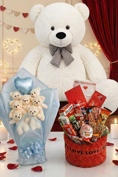 3’lü Sevgililer Günü Hediye Seti | 90 Cm Peluş Ayı, Love Çikolata Sepeti & Mavi Peluş Ayıcık Buketi ürün görseli 1