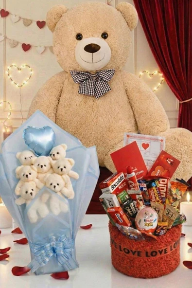 3’lü Sevgililer Günü Hediye Seti | 90 Cm Peluş Ayı, Love Çikolata Sepeti & Mavi Peluş Ayıcık Buketi ürün görseli 1