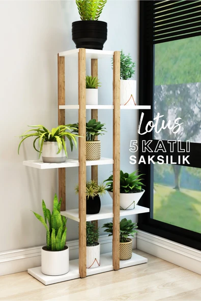 Jest Dekor Konsept Lotus Beyaz Ahşap 5 Katlı Çiçeklik, Saksılık, Çiçek Standı, Dekoratif Raf / Çok Amaçlı Kullanım ürün görseli 1
