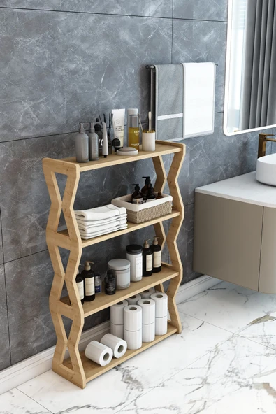 Jest Dekor Konsept Zühre Safir Meşe- 4 Katlı Ahşap Banyo Rafı/Baharatlık-Mutfak Rafı, Çok Amaçlı Dekoratif Raf ürün görseli 1
