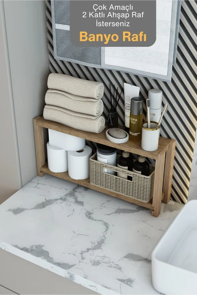 Jest Dekor Konsept Beril Atlantik Çam Çok Amaçlı 2 Katlı Ahşap Banyo Rafı / Mutfak Rafı, Organizer, Dekoratif Raf ürün görseli 1