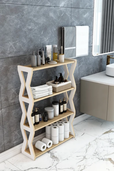 Jest Dekor Konsept Zühre Beyaz - Safir Meşe - 4 Katlı Ahşap Banyo Rafı/Baharatlık-Mutfak Rafı, Çok Amaçlı Dekoratif Raf ürün görseli 1