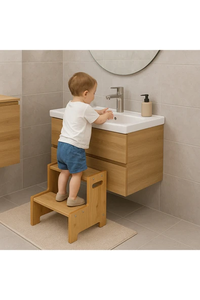 Jest Dekor Konsept MOMO Ahşap Basamak Tabure Çocuk Banyo Wc Lavabo Merdiven Yükseltici Eğitici Kaymaz Montessori ürün görseli 1