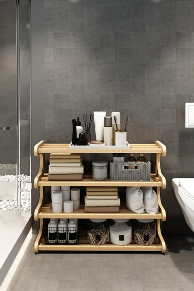 Jest Dekor Konsept Selvi - Safir Meşe- 4 Katlı Ahşap Banyo Rafı/Baharatlık-Mutfak Rafı, Çok Amaçlı Dekoratif Raf ürün görseli 1