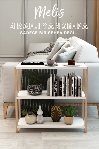 Jest Dekor Konsept Melis Beyaz 3 Raflı Ahşap Yan Sehpa -çok Amaçlı Dekoratif Raf, Organizer ürün görseli 1