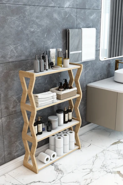 Jest Dekor Konsept Zühre Safir Meşe - Beyaz - 4 Katlı Ahşap Banyo Rafı/Baharatlık-Mutfak Rafı, Çok Amaçlı Dekoratif Raf ürün görseli 1