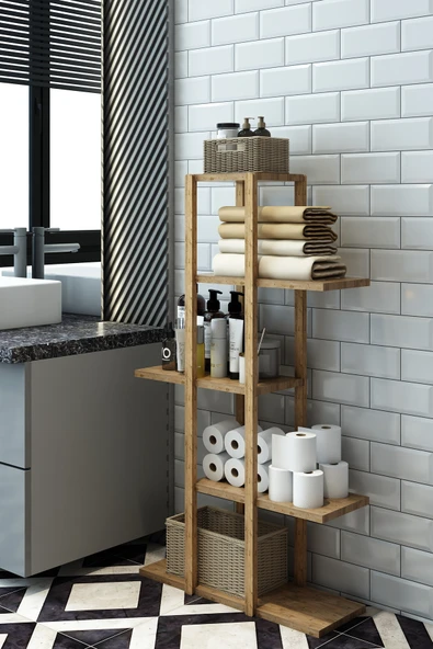 Jest Dekor Konsept Lotus Atlantik Çam Ahşap 5 Katlı Banyo Rafı , Organizer ,Dekoratif Raf , Çok Amaçlı Kullanım ürün görseli 1