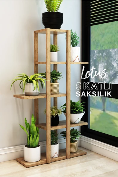 Jest Dekor Konsept Lotus Atlantik Çam Ahşap 5 Katlı Çiçeklik, Saksılık, Çiçek Standı, Dekoratif Raf-çok Amaçlı Kullanım ürün görseli 1