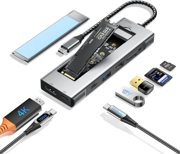 8 İN 1 USB-C HUB M.2 NVME/SATA SSD DİSK KUTUSU ÇOKLAYICI 10GBPS, 4K HDMI, PD100W ürün görseli 1