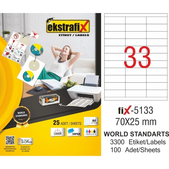 Ekstrafix Laser Etiket 100 Yaprak 70X25Mm Laser-Copy-İnkjet Fix-5133 ürün görseli 1
