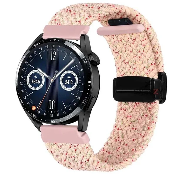 Huawei Watch GT5 46mm Uyumlu Kordon Manyetik Metal Tokalı Kumaş Örgü Kordon  Pudra ürün görseli 1