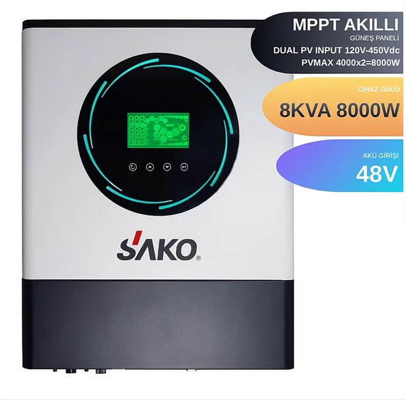 Sako 8KVA 8KW 8000 WATT TAM SİNÜS AKILLI H.V. DUAL 90-450Vdc MPPT İNVERTER 48Vdc-220Vac İNVERTÖR ürün görseli 1