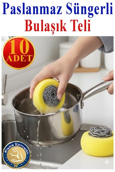 Süngerli Bulaşık Teli Ovma Teli 10 Adet Pratik Sünger Toptel Sürtme Teli Lavabo Mutfak Banyo Temizlik Teli Sert Yüzey ürün görseli 1