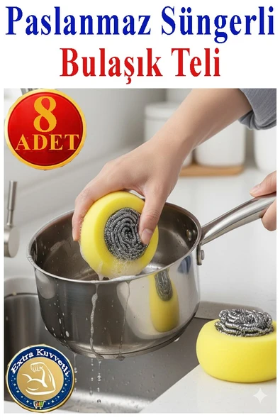 Süngerli Bulaşık Teli Ovma Teli 8 Adet Pratik Sünger Toptel Sürtme Teli Lavabo Mutfak Banyo Temizlik Teli Sert Yüzey ürün görseli 1