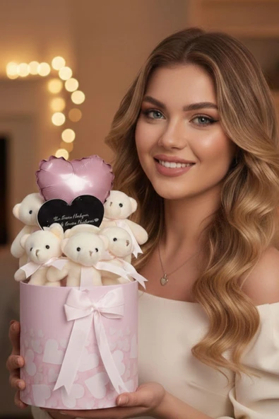 Premium Silindir Kutuda Kalp Aynalı 5’li Peluş Ayıcık Buketi – Kalp Balon Detaylı ürün görseli 1