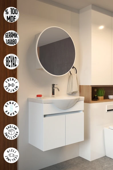 Erciyes 65cm Seramik Lavabolu MDF Oval Aynalı Banyo Dolabı ürün görseli 1