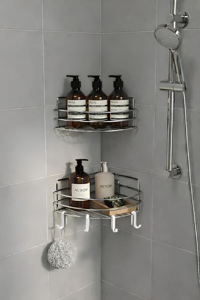 Tek Katlı Köşe Duş Rafı – Kancalı Banyo Şampuanlık & Organizer 2 Adet Krom TK-01 ürün görseli 1