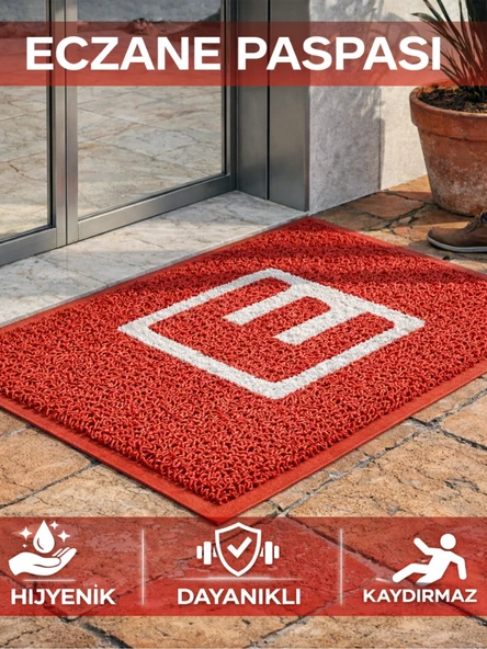 Beylini Eczane Önü Paspası E Logo Giriş İşyeri Eczane Mağaza Girişi Kapı Önü Kıvırcık Hijyen Halısı 60x80 CM ürün görseli 1