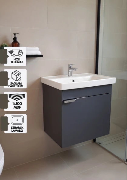 Kasırga 50 cm, Lavabolu Alt Banyo Dolabı, Kapaklı Banyo Alt Dolabı, Seramik Lavabo Dahil Antrasit Mdf ürün görseli 1