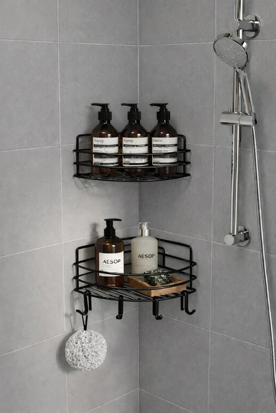 Tek Katlı Köşe Duş Rafı – Kancalı Banyo Şampuanlık & Organizer 2 Adet Siyah TK-01 ürün görseli 1
