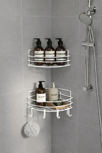 Tek Katlı Köşe Duş Rafı – Kancalı Banyo Şampuanlık & Organizer 2 Adet Beyaz TK-01 ürün görseli 1