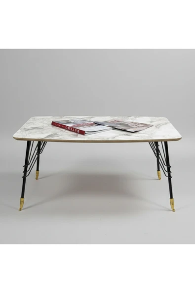 Ratemo Mobilya Mermer Desenli MDF Orta Sehpa | 90x60 cm | Metal Ayaklı Modern Salon Sehpası ürün görseli 1