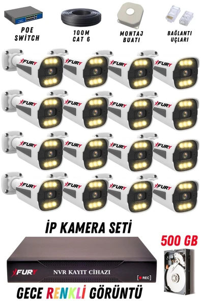 FURY 16 Kameralı Ip Güvenlik Kamerası Seti 4mp Gece Renkli Su Geçirmez 1506 500GB ürün görseli 1