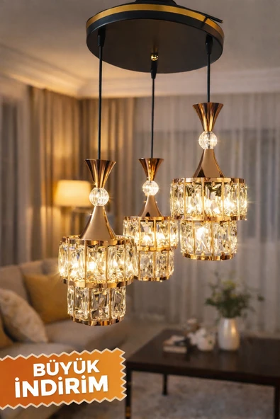 mirsa çizgili miraç kristal avize 3 lü gold ürün görseli 1