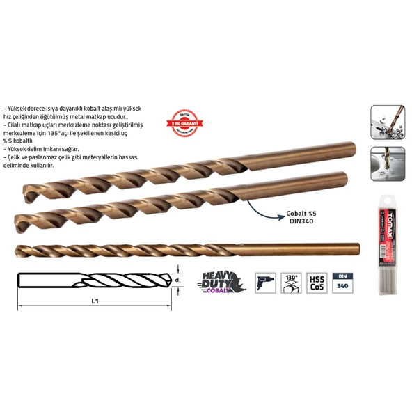 COBALT %5 HSS 340 MATKAP UCU 4 mm UZUN (10 Adet) ürün görseli 1