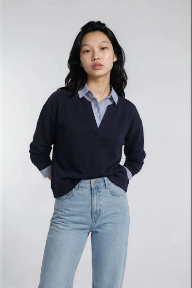Gömlek Detaylı İkili Görünümlü Sweatshirt - Resim 3