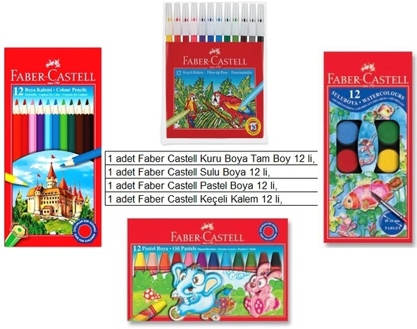 Okul Faber Castell Boya Seti Kuru Boya, Pastel Boya, Sulu Boya, Keçeli Kalem 4 lü ürün görseli 1