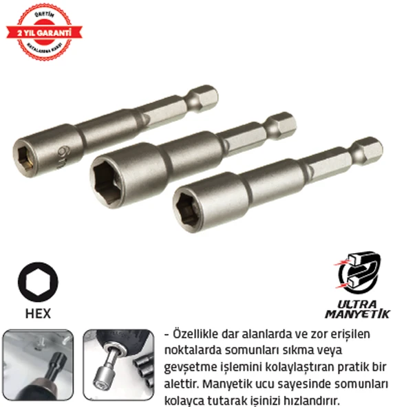 MANYETİK SOMUN ADAPTÖRÜ 3 LÜ SET (6-8-10 x 65 mm) ürün görseli 1
