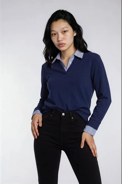 Gömlek Detaylı İkili Görünümlü Sweatshirt - Resim 11