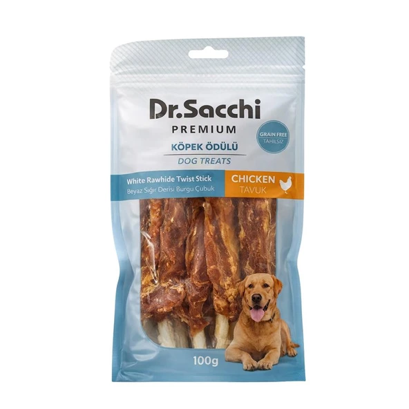 Dr.Sacchi Premium Tavuklu Beyaz Sığır Derisi Burgu Çubuk Tahılsız Köpek Ödülü 5'' 5'li 100 Gr ürün görseli 1
