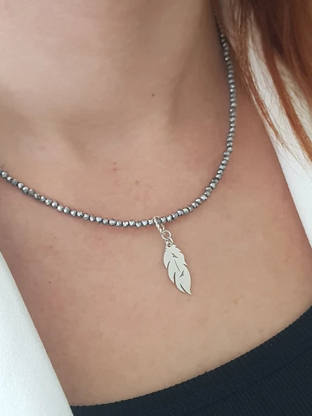 Bohem Doğaltaş Tüy Gümüş Kolye ürün görseli 1