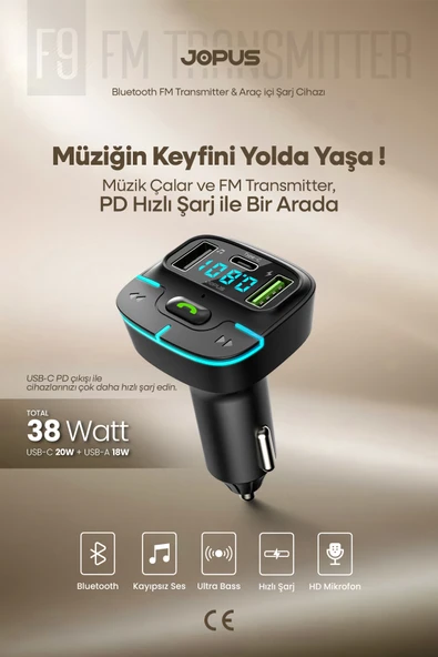F9 Araç Fm Transmitter 5.3 Bluetooth Araç Kiti Usb Type-C Hızlı Şarj Kart Çakmaklık Girişli ürün görseli 1