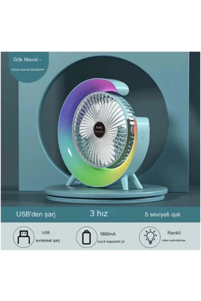 Masaüstü Vantilatör Usb Şarjlı Rgb Led Işıklı 3 Kademeli 180° Ayarlanabilir Soğutucu Fan M.i ürün görseli 1